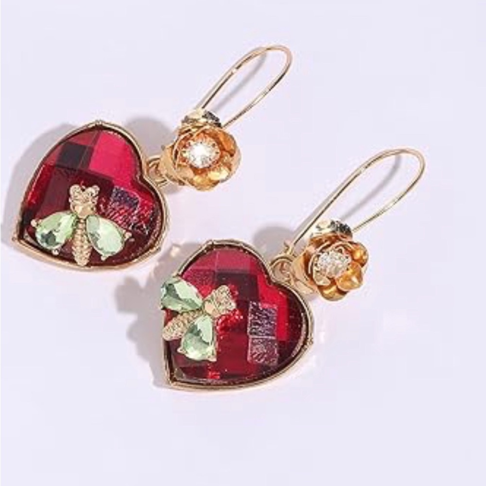 Stone Heart Drop Earrings | Red Faceted Stone |
